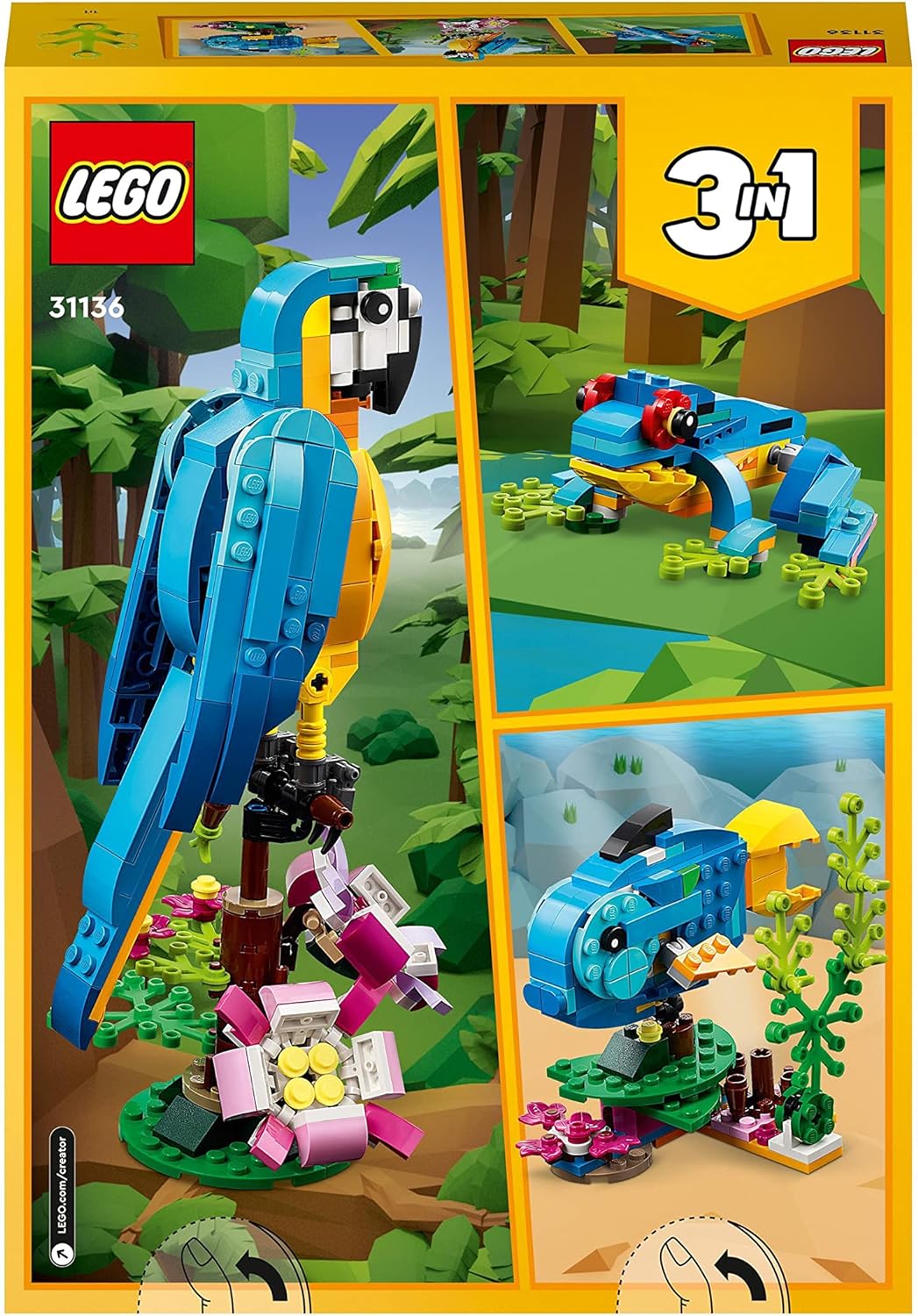 LEGO 31136 Creator 3 in 1 Exotic Parrot to Frog to Fish Animal Figures Building Toy, Creative Toys for Kids Aged 7 and up