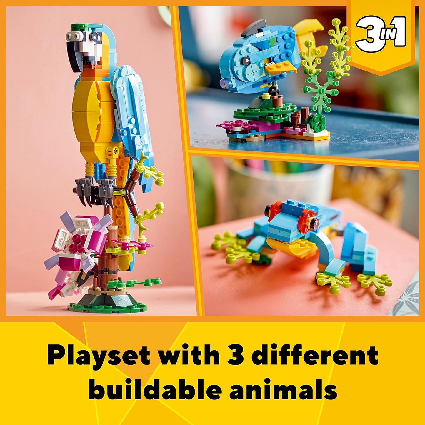 LEGO 31136 Creator 3 in 1 Exotic Parrot to Frog to Fish Animal Figures Building Toy, Creative Toys for Kids Aged 7 and up